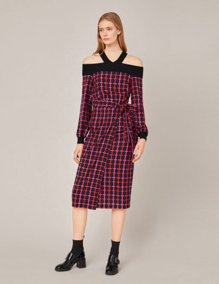 MARYLING V-NECK KNIT SPLICED CHECKED DRESS