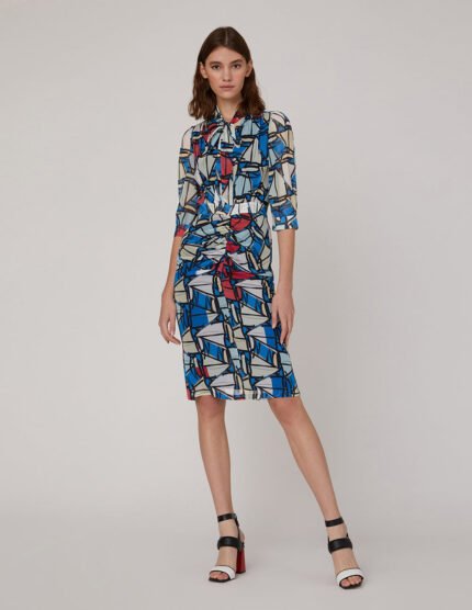 MARYLING Boat Georgette Print Bow Neck Dress
