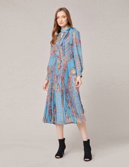 MARYLING Georgette Artistic Print V-Neck Pleated Midi Dress